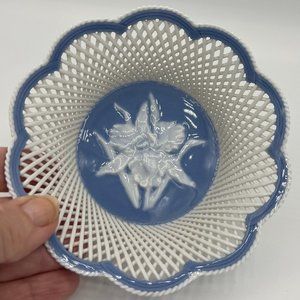 Romania Blue Iris Floral Open Weave Design Bowl 5" Dish